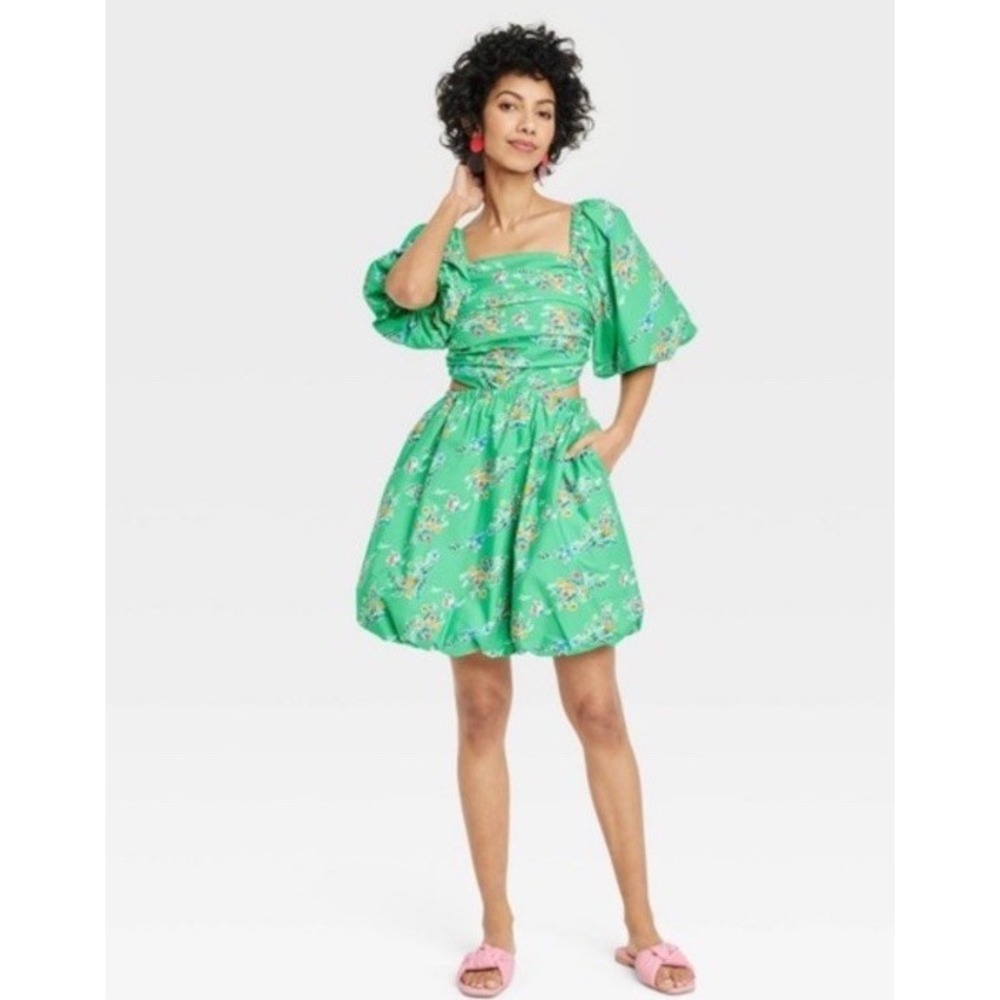 A New Day Green Puff Sleeve Cut Out Mini Dress Women's Size L‎ Floral Ruched